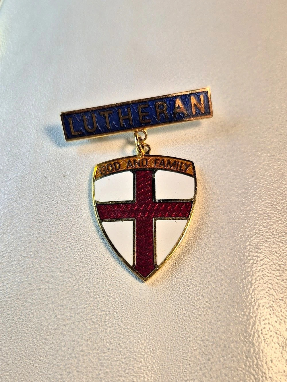 Vintage Lutheran God and Family Award Pin Gold & Red Religious Pin